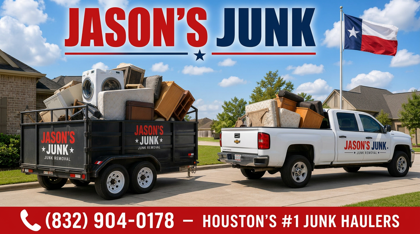 Jason's Junk crew loading furniture into a pickup truck in a Houston driveway